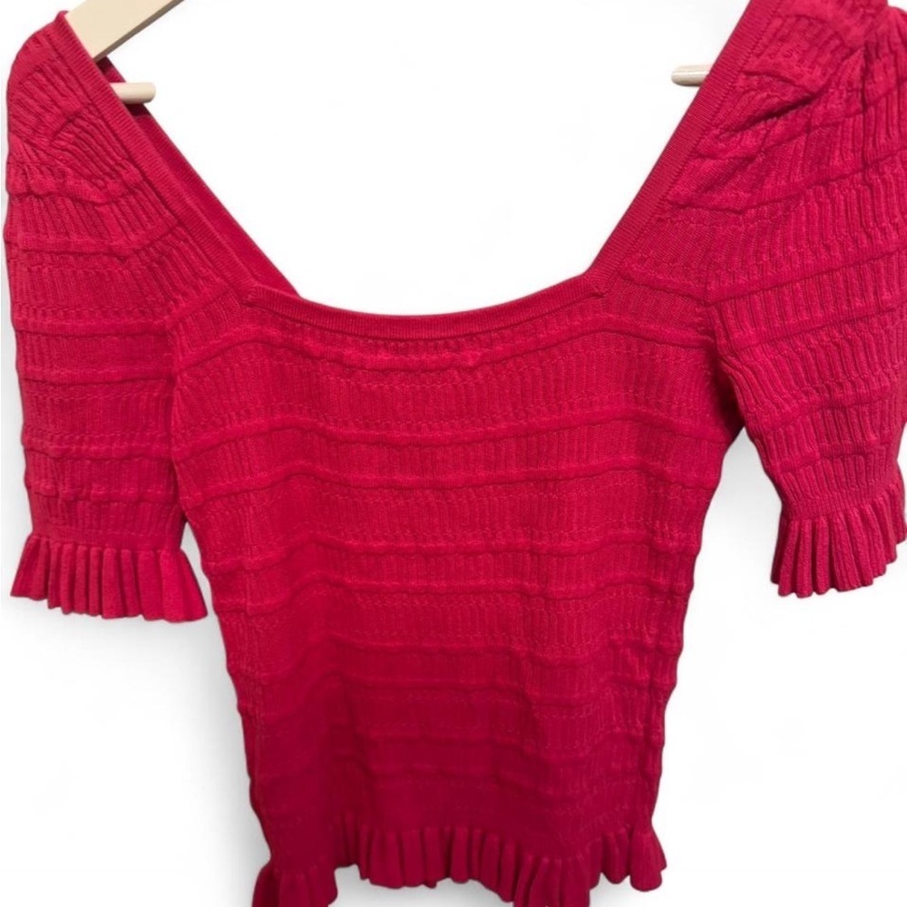 Adam Lippes Pink Smocked Ribbed Knit Ruffle Sleeve Top - Picture 3 of 6